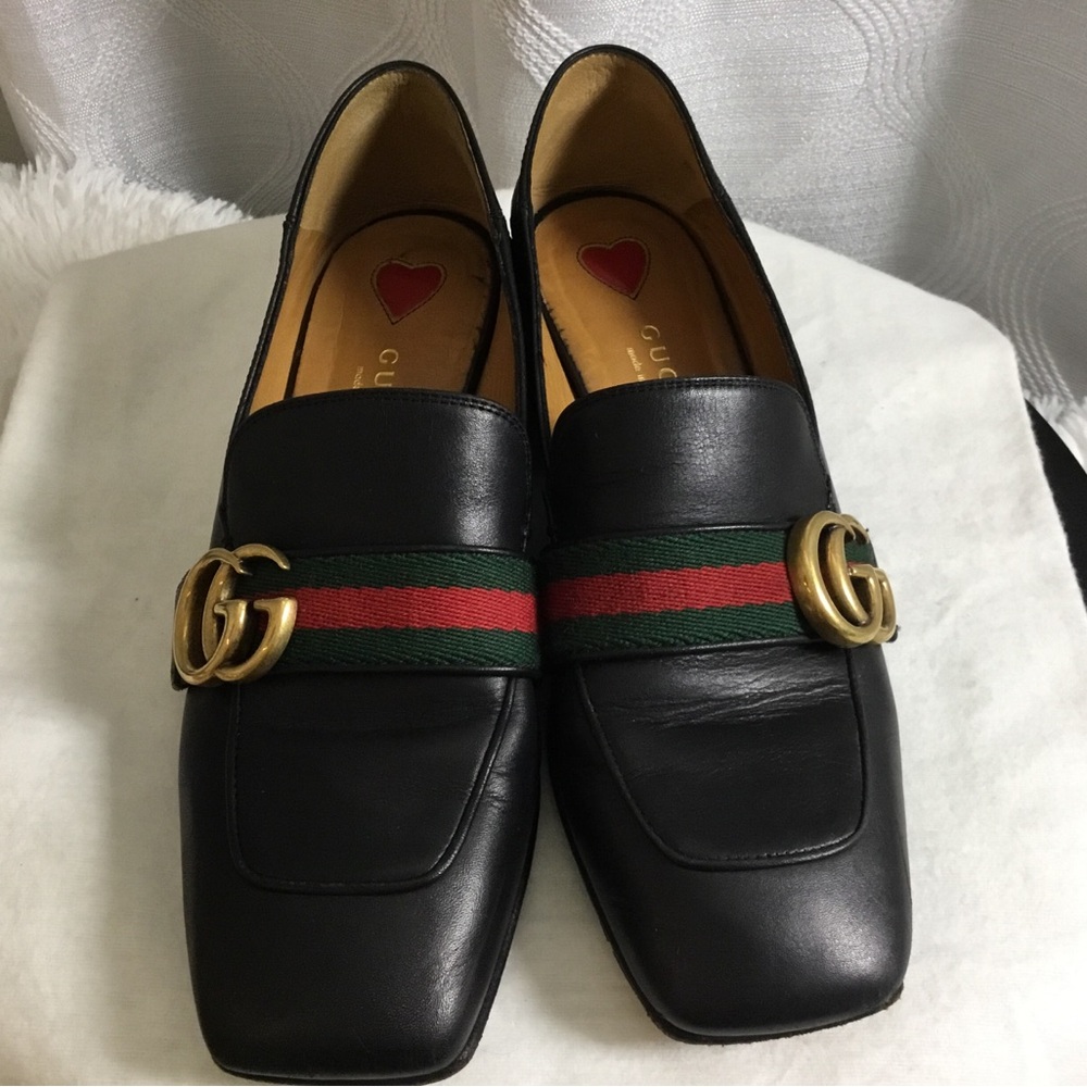 Authentic Gucci Black Leather Loafers with Red and Green Web & Gold Double G - Picture 11 of 12